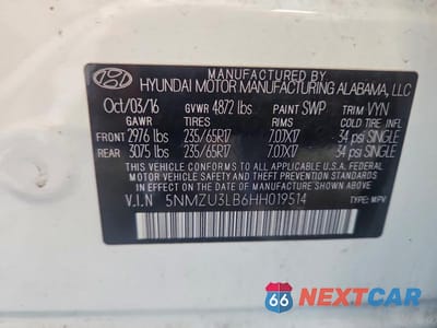 Zdjęcie 13 z 13 samochodu: 2017 HYUNDAI SANTA FE SPORT 2.4L VIN:5NMZU3LB6HH019514 - miniatura