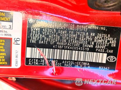 Zdjęcie 12 z 12 samochodu: 2012 TOYOTA CAMRY LE VIN:4T1BF1FK4CU545519 - miniatura