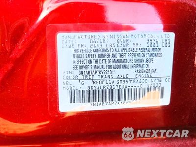 Zdjęcie 12 z 12 samochodu: 2019 NISSAN SENTRA SR VIN:3N1AB7AP7KY224011 - miniatura