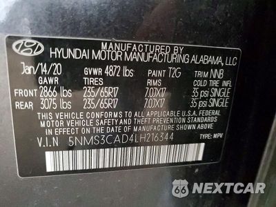 Zdjęcie 13 z 13 samochodu: 2020 HYUNDAI SANTA FE SEL VIN:5NMS3CAD4LH216344 - miniatura