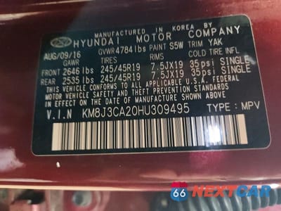 Zdjęcie 13 z 13 samochodu: 2017 HYUNDAI TUCSON LIMITED VIN:KM8J3CA20HU309495 - miniatura