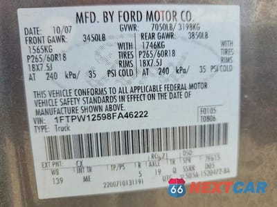 Zdjęcie 12 z 12 samochodu: 2008 FORD F150 SUPERCREW VIN:1FTPW12598FA46222 - miniatura