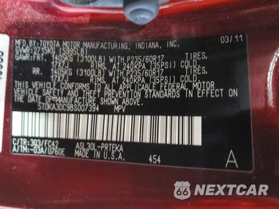 Zdjęcie 13 z 13 samochodu: 2011 TOYOTA SIENNA LE 8-PASSENGER VIN:5TDKA3DC9BS007394 - miniatura