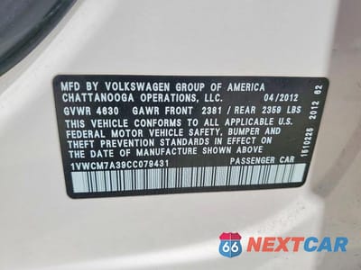 Zdjęcie 12 z 12 samochodu: 2012 VOLKSWAGEN PASSAT SEL VIN:1VWCM7A39CC079431 - miniatura