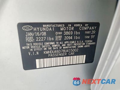 Zdjęcie 12 z 12 samochodu: 2008 HYUNDAI ELANTRA GLS VIN:KMHDU46D78U415002 - miniatura