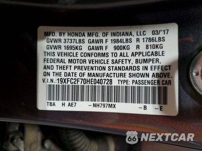 Zdjęcie 13 z 13 samochodu: 2017 HONDA CIVIC EX VIN:19XFC2F70HE040728 - miniatura