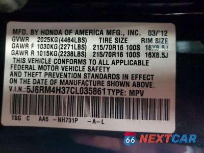 Zdjęcie 13 z 13 samochodu: 2012 HONDA CR-V LX VIN:5J6RM4H37CL035861 - miniatura