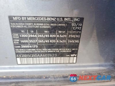 Zdjęcie 12 z 12 samochodu: 2010 MERCEDES-BENZ ML 350 VIN:4JGBB5GB0AA602623 - miniatura