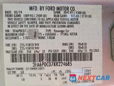 Zdjęcie 12 z 12 samochodu: 2019 FORD FUSION SEL VIN:3FA6P0CD7KR224685 - miniatura