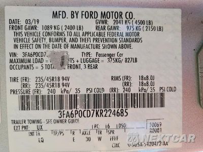 Zdjęcie 12 z 12 samochodu: 2019 FORD FUSION SEL VIN:3FA6P0CD7KR224685 - miniatura