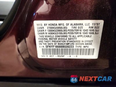 Zdjęcie 12 z 12 samochodu: 2008 HONDA PILOT EXL VIN:5FNYF18688B028223 - miniatura