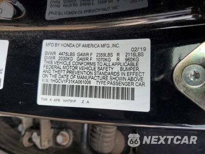 Zdjęcie 12 z 12 samochodu: 2019 HONDA ACCORD SPORT VIN:1HGCV1F31KA061006 - miniatura
