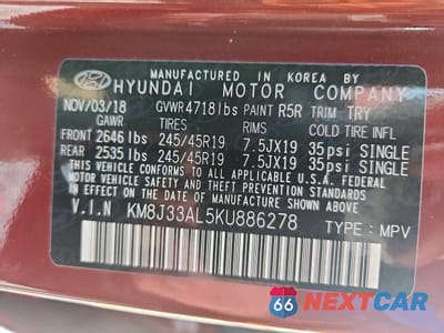 Zdjęcie 13 z 13 samochodu: 2019 HYUNDAI TUCSON SPORT VIN:KM8J33AL5KU886278 - miniatura