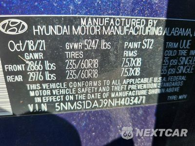 Zdjęcie 13 z 13 samochodu: 2022 HYUNDAI SANTA FE SE VIN:5NMS1DAJ9NH403471 - miniatura