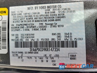 Zdjęcie 12 z 12 samochodu: 2019 FORD FUSION SEL VIN:3FA6P0CD9KR147334 - miniatura