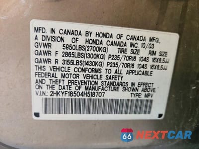 Zdjęcie 13 z 13 samochodu: 2004 HONDA PILOT EXL VIN:2HKYF18504H518707 - miniatura