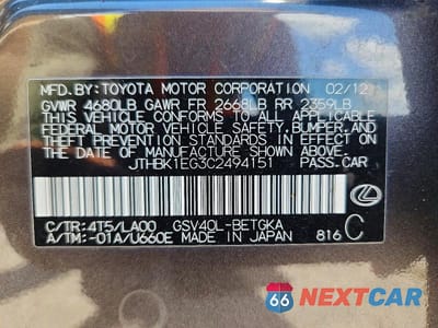 Zdjęcie 12 z 12 samochodu: 2012 LEXUS ES 350 VIN:JTHBK1EG3C2494151 - miniatura