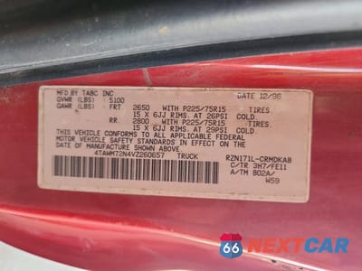 Zdjęcie 12 z 12 samochodu: 1997 TOYOTA TACOMA BASE VIN:4TAWM72N4VZ260657 - miniatura