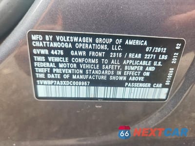 Zdjęcie 12 z 12 samochodu: 2013 VOLKSWAGEN PASSAT SE VIN:1VWBP7A3XDC009957 - miniatura