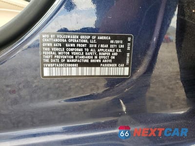 Zdjęcie 12 z 12 samochodu: 2012 VOLKSWAGEN PASSAT SE VIN:1VWBP7A38CC090892 - miniatura