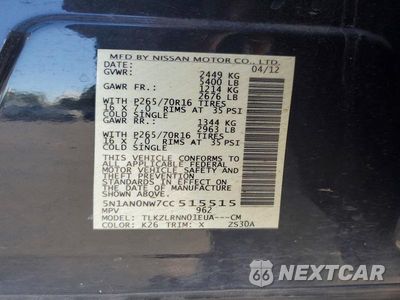 Zdjęcie 12 z 12 samochodu: 2012 NISSAN XTERRA X VIN:5N1AN0NW7CC515515 - miniatura