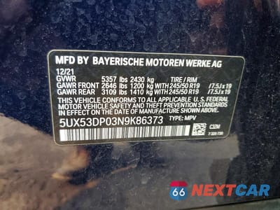 Zdjęcie 14 z 14 samochodu: 2022 BMW X3 XDRIVE30I VIN:5UX53DP03N9K86373 - miniatura
