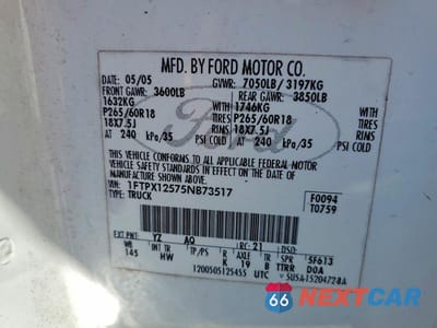 Zdjęcie 12 z 12 samochodu: 2005 FORD F-150 VIN:1FTPX12575NB73517 - miniatura