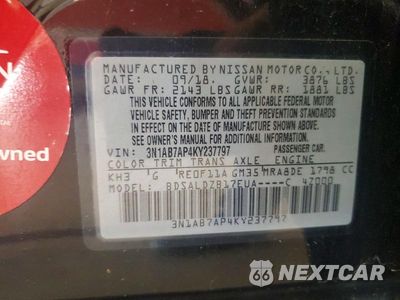 Zdjęcie 12 z 12 samochodu: 2019 NISSAN SENTRA SV VIN:3N1AB7AP4KY237797 - miniatura
