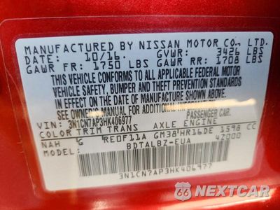 Zdjęcie 12 z 12 samochodu: 2017 NISSAN VERSA 1.6 SV VIN:3N1CN7AP3HK406977 - miniatura