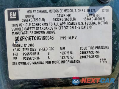 Zdjęcie 13 z 13 samochodu: 2001 GMC YUKON XL K1500 VIN:3GKFK16TX1G190046 - miniatura