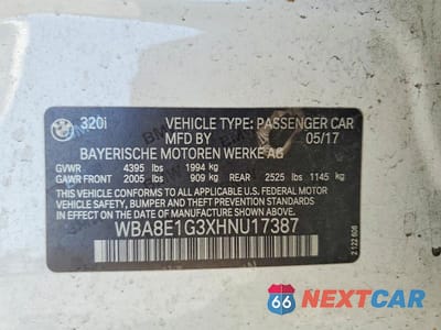 Zdjęcie 12 z 12 samochodu: 2017 BMW 320 I VIN:WBA8E1G3XHNU17387 - miniatura