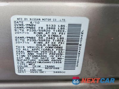 Zdjęcie 14 z 14 samochodu: 2010 NISSAN MURANO S VIN:JN8AZ1MU0AW012956 - miniatura