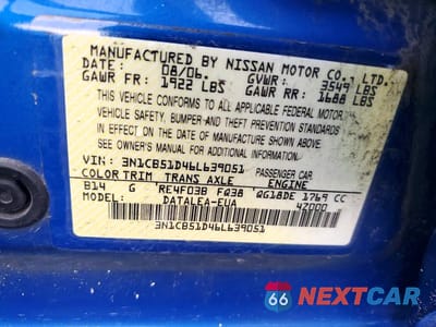 Zdjęcie 12 z 12 samochodu: 2006 NISSAN SENTRA 1.8 VIN:3N1CB51D46L639051 - miniatura