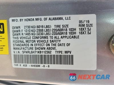 Zdjęcie 13 z 13 samochodu: 2019 HONDA ODYSSEY EXL VIN:5FNRL6H71KB112362 - miniatura
