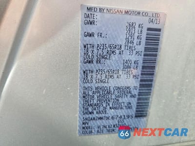 Zdjęcie 13 z 13 samochodu: 2013 NISSAN PATHFINDER S VIN:5N1AR2MM7DC674195 - miniatura