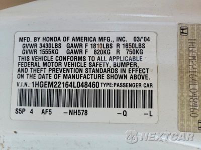 Zdjęcie 13 z 13 samochodu: 2004 HONDA CIVIC DX VP VIN:1HGEM22164L048460 - miniatura