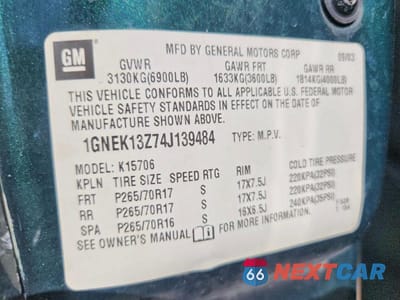 Zdjęcie 13 z 13 samochodu: 2004 CHEVROLET TAHOE K1500 VIN:1GNEK13Z74J139484 - miniatura
