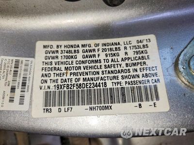 Zdjęcie 13 z 13 samochodu: 2013 HONDA CIVIC LX VIN:19XFB2F58DE234418 - miniatura