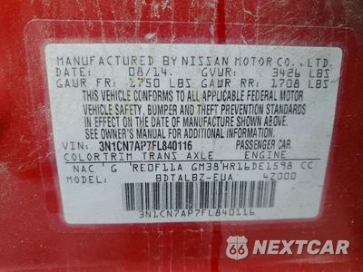 Zdjęcie 13 z 13 samochodu: 2015 NISSAN VERSA 1.6 SV VIN:3N1CN7AP7FL840116 - miniatura