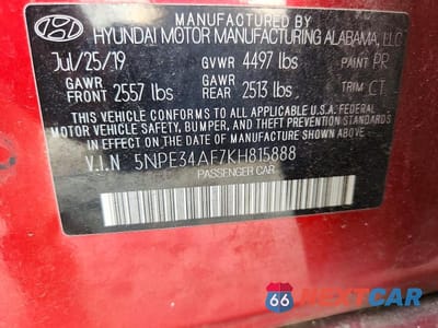 Zdjęcie 12 z 12 samochodu: 2019 HYUNDAI SONATA SPORT VIN:5NPE34AF7KH815888 - miniatura