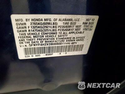 Zdjęcie 13 z 13 samochodu: 2013 HONDA PILOT LX VIN:5FNYF4H2XDB008001 - miniatura