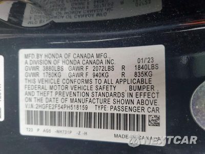 Zdjęcie 12 z 12 samochodu: 2023 HONDA CIVIC SPORT VIN:2HGFE2F54PH518159 - miniatura