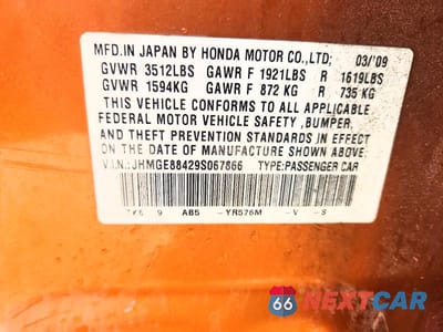Zdjęcie 12 z 12 samochodu: 2009 HONDA FIT SPORT VIN:JHMGE88429S067866 - miniatura