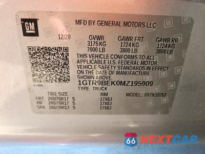 Zdjęcie 13 z 13 samochodu: 2021 GMC SIERRA K1500 SLE VIN:1GTR9BEK0MZ195909 - miniatura