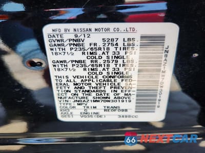 Zdjęcie 12 z 12 samochodu: 2013 NISSAN MURANO S VIN:JN8AZ1MW7DW301919 - miniatura
