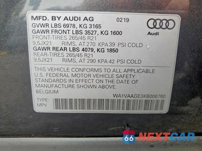 Zdjęcie 13 z 13 samochodu: 2019 AUDI E-TRON PRESTIGE VIN:WA1VAAGE3KB006760 - miniatura