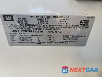 Zdjęcie 13 z 13 samochodu: 2015 CHEVROLET EQUINOX LT VIN:1GNALCEK7FZ112846 - miniatura