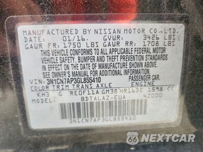 Zdjęcie 12 z 12 samochodu: 2016 NISSAN VERSA 1.6 S PLUS VIN:3N1CN7AP3GL855410 - miniatura