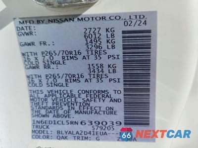 Zdjęcie 12 z 12 samochodu: 2024 NISSAN FRONTIER S VIN:1N6ED1CL5RN639039 - miniatura