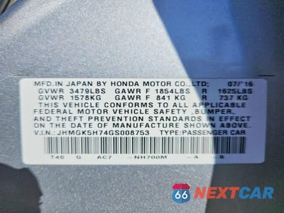 Zdjęcie 12 z 12 samochodu: 2016 HONDA FIT EX VIN:JHMGK5H74GS008753 - miniatura